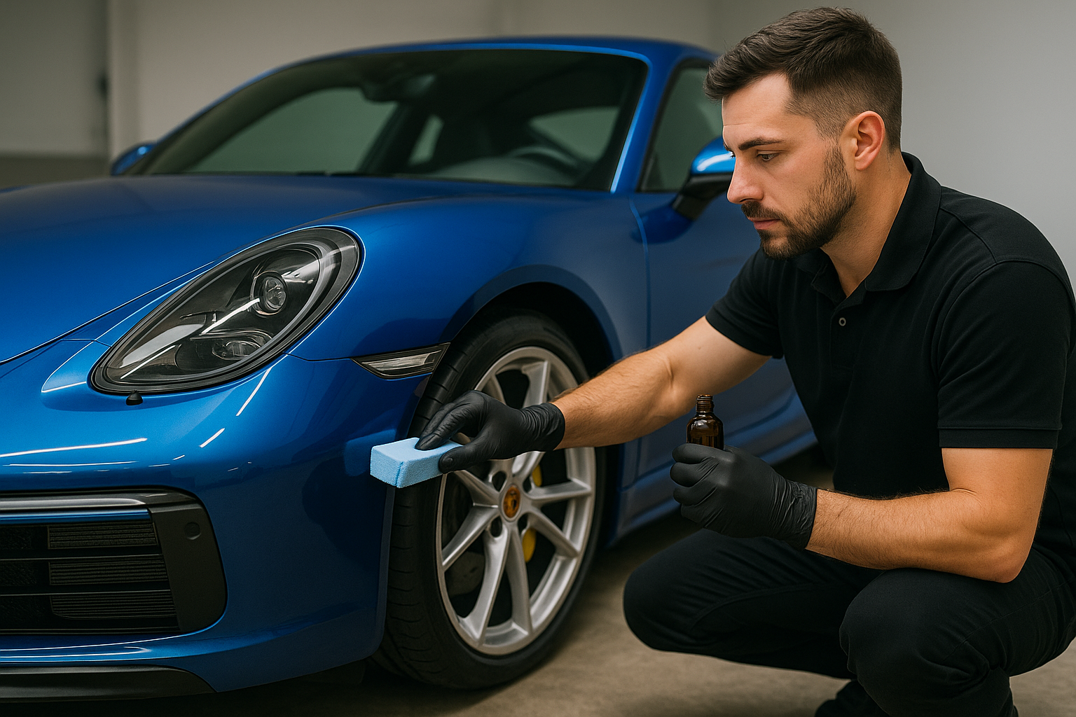Detailer applying ceramic coating to a sports car