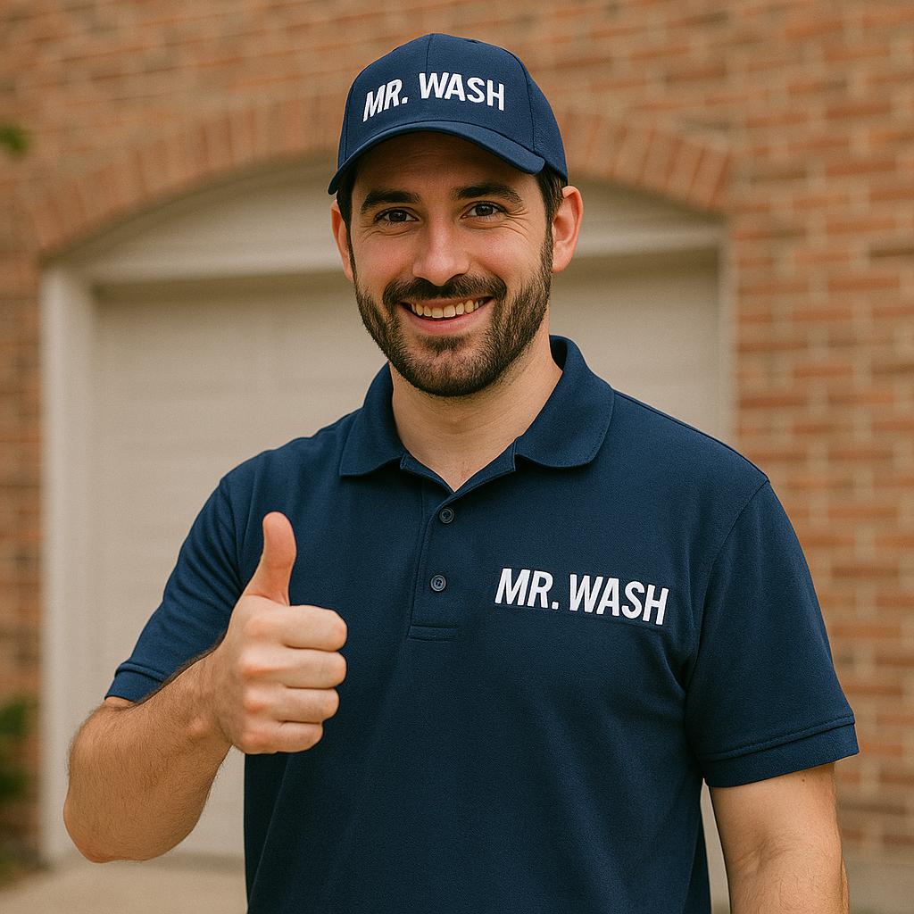 Mr. Wash detailing team finishing a shiny blue sedan