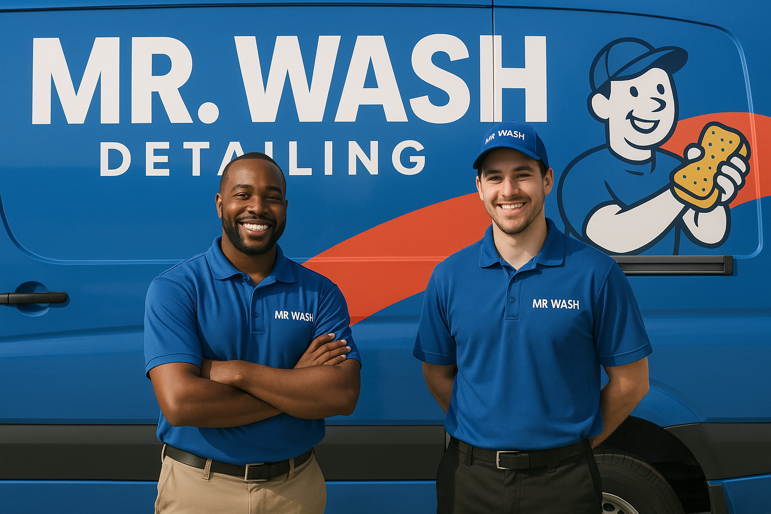 Mr. Wash detailing team smiling in front of branded van